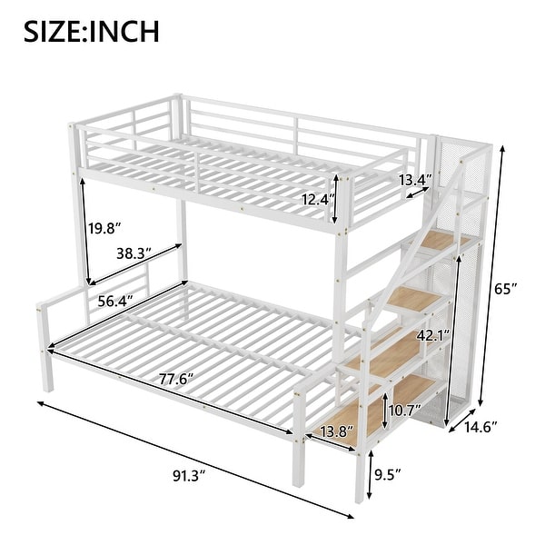 Metal Bed Frame Twin over Full Size Bunk Bed with Storage Staircase, Open Wardrobe and Full-Length Guardrail for Bedroom