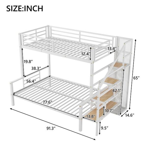 dimension image slide 1 of 2, Metal Frame Twin/Full Platform Beds, Storage Stairway Bunk Bed with Wardrobe
