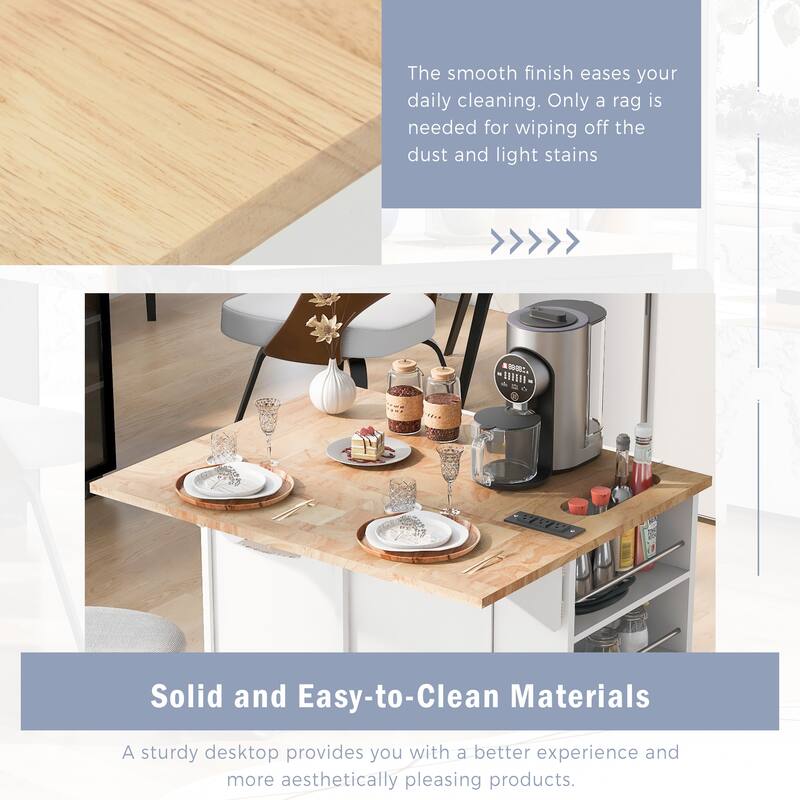 Open Rolling Kitchen Island on Wheels with Drop Leaf and Power Outlet