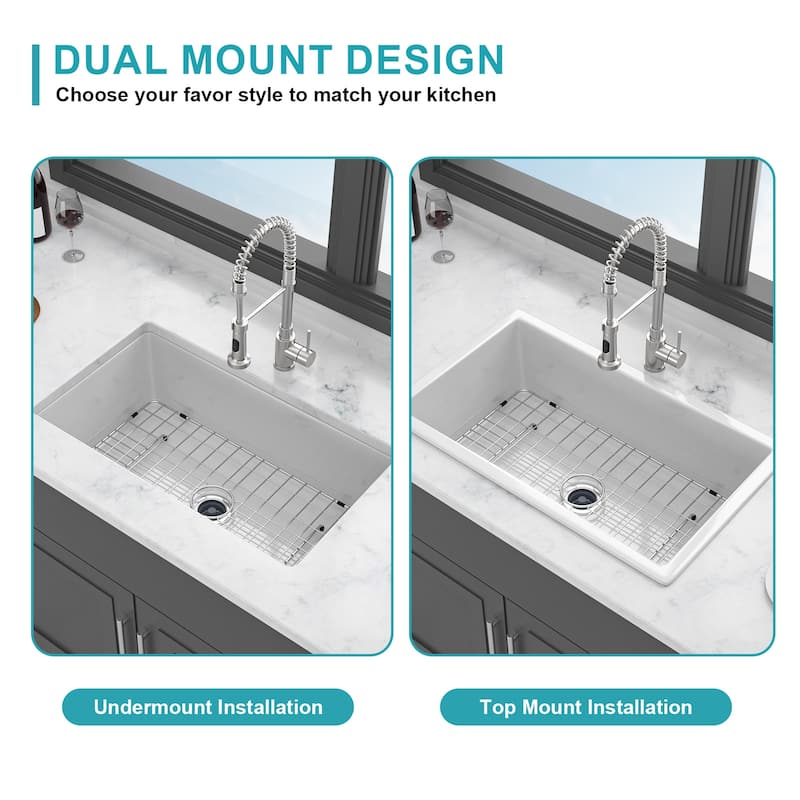 Undermount Single Bowl Fireclay Kitchen Sink - Dual Mount White Porcelain Fireclay Rectangular Deep Single Bowl Sink Basin