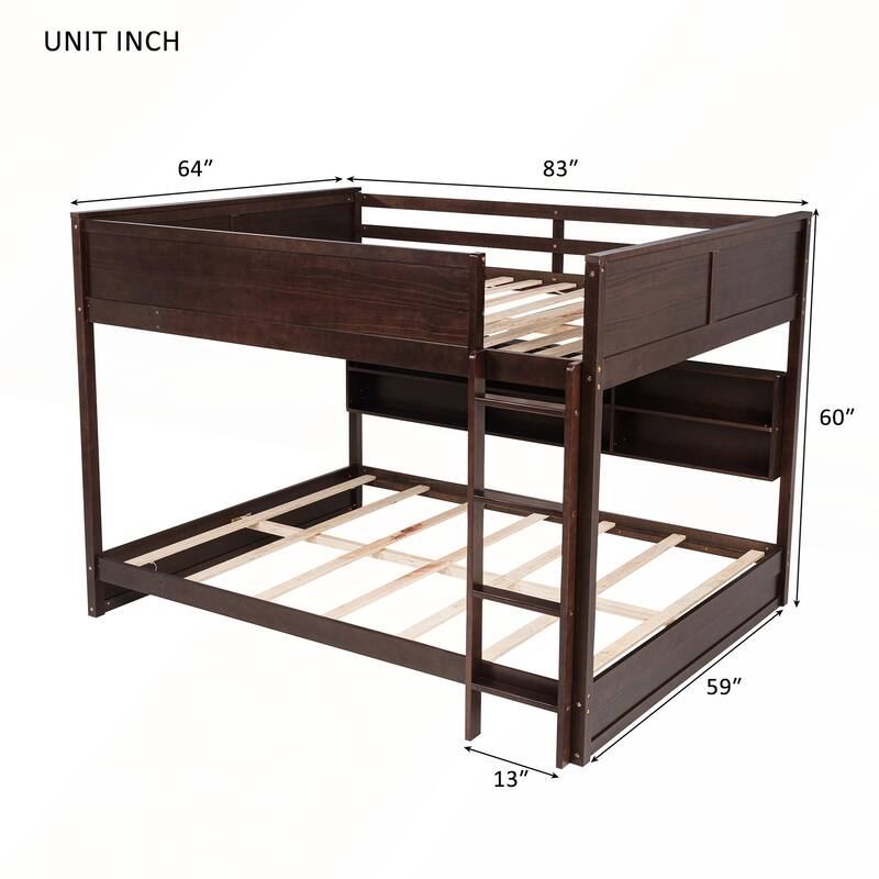 Queen Over Queen Bunk Bed with Built-in Storage Cabinets and Charging Station