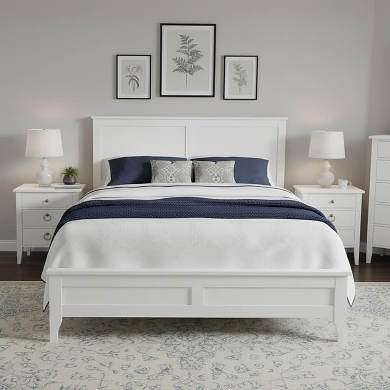 Modern Style, Solid Wood Bed Frame with MDF Headboard and Footboard - White - Queen