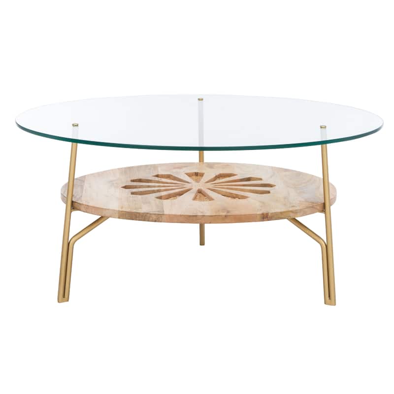 SAFAVIEH Emmanouela Round Natural Wood And Glass Coffee Table - 29" x 29" x 13.6" - 29Wx29Dx14H