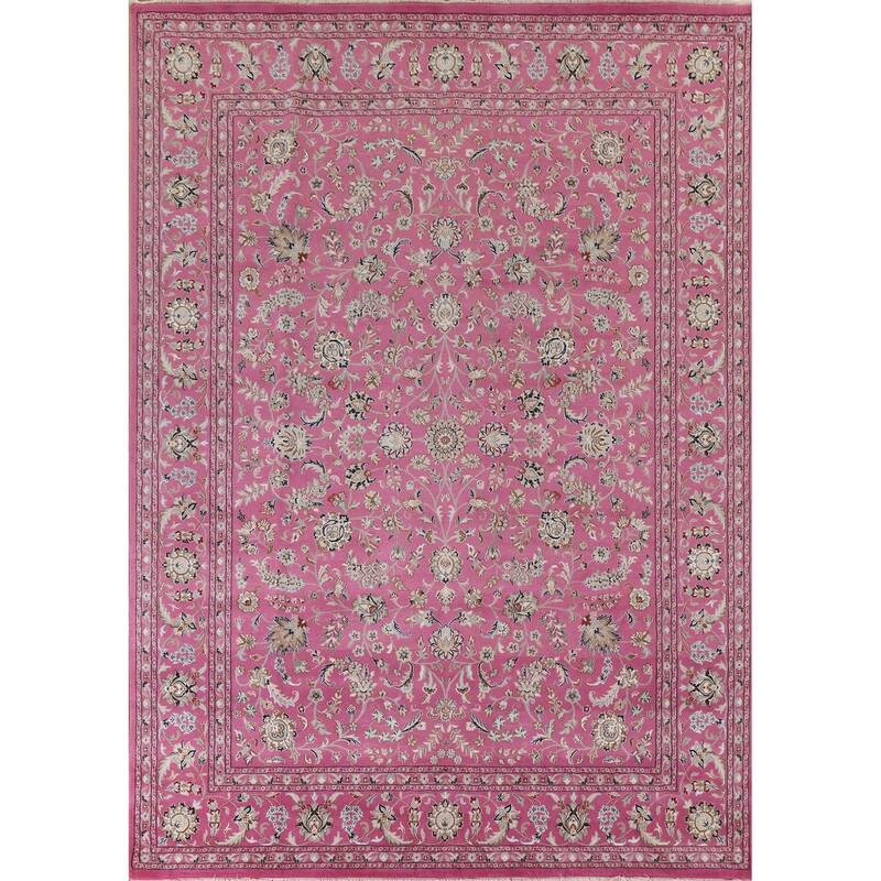 Floral Pink Kashan Oriental Area Rug Handmade Wool & Silk Carpet - 9'0"x 12'0"