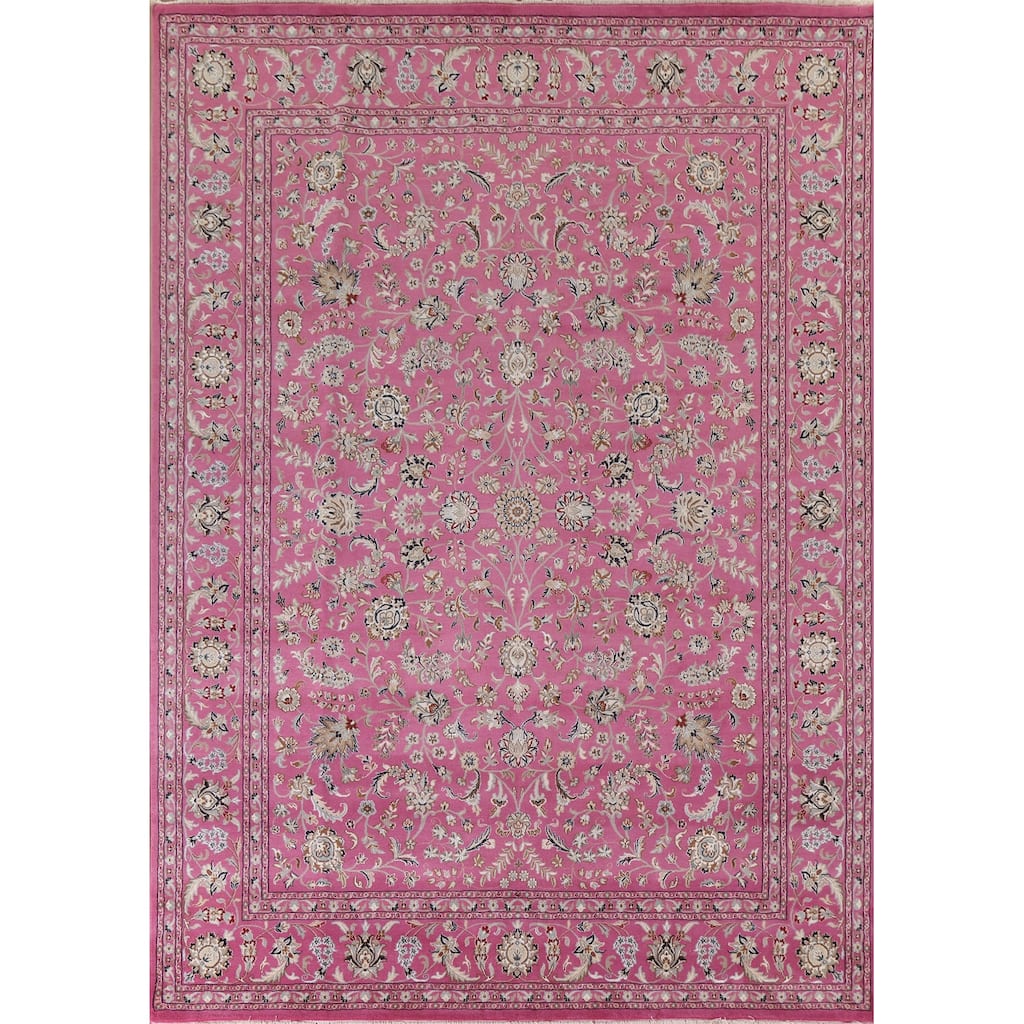 Floral Pink Kashan Oriental Area Rug Handmade Wool & Silk Carpet - 9'0"x 12'0"