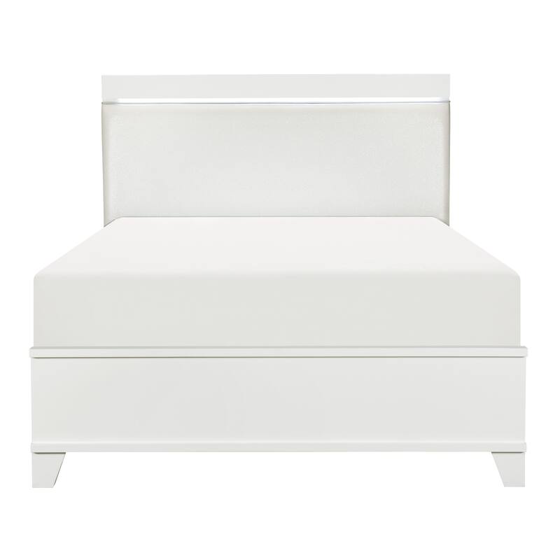 Queen Size Modern White High Gloss Faux Leather Upholstered Bed with LED Headboard