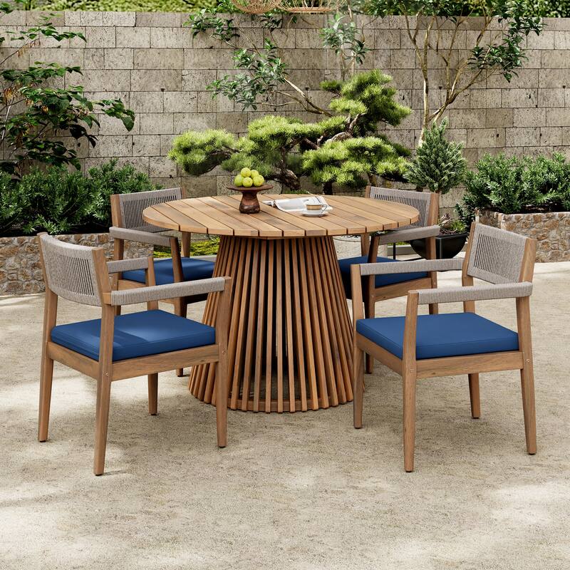 Roomfitters 3-Piece Acacia Wood Patio Set, 2 Braided Rope Dining Chairs with Navy Cushions & Teak-Look Table