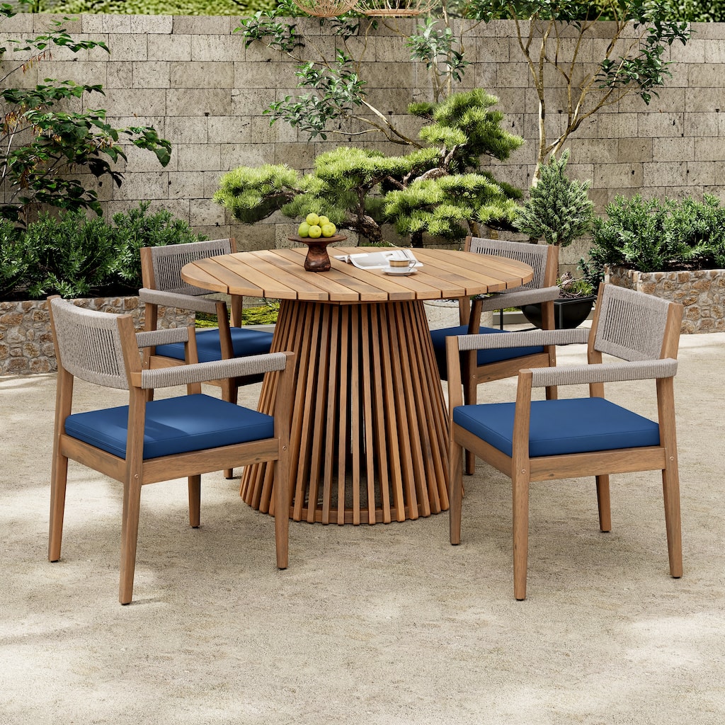 Roomfitters 3-Piece Acacia Wood Patio Set, 2 Braided Rope Dining Chairs with Navy Cushions & Teak-Look Table