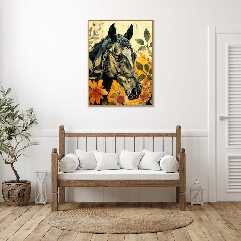 Dark Horse in Flowers by Justyna Jaszke Framed Canvas Wall Art