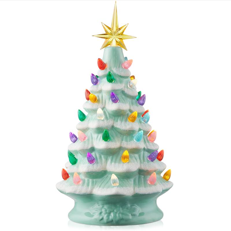 12in Hand Painted Ceramic Christmas Tree PreLit Tree with Star
