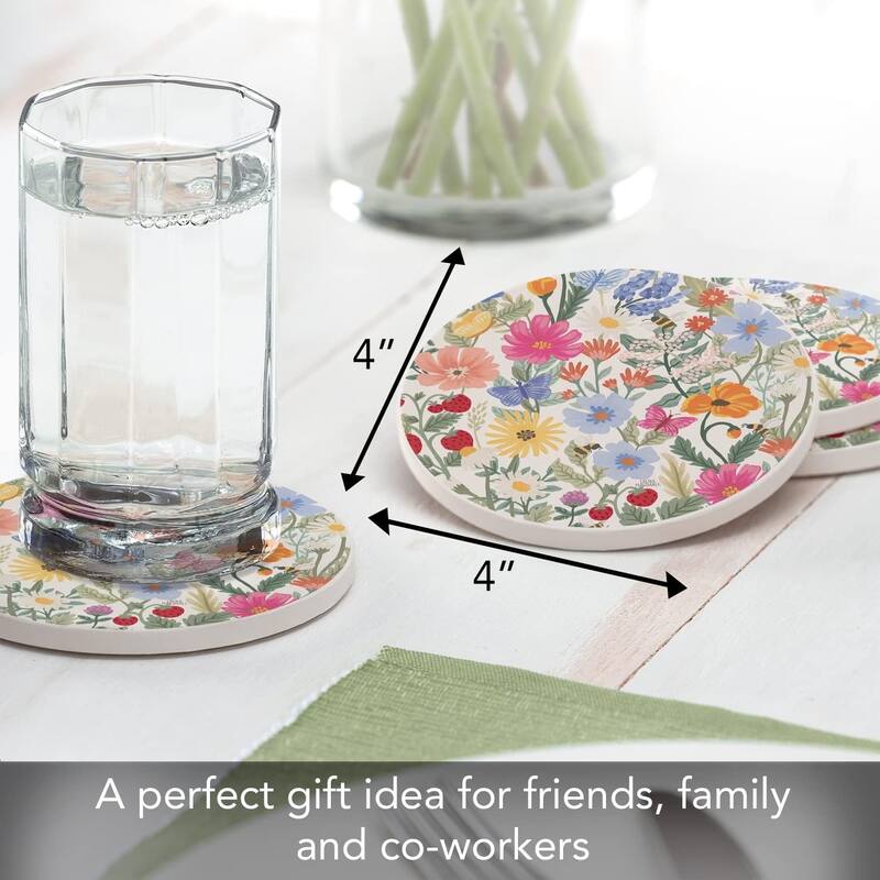 Wild Meadow Floral Round Absorbent Stone Coaster 4 Pack with Protective Cork Backing. Manufactured in The USA