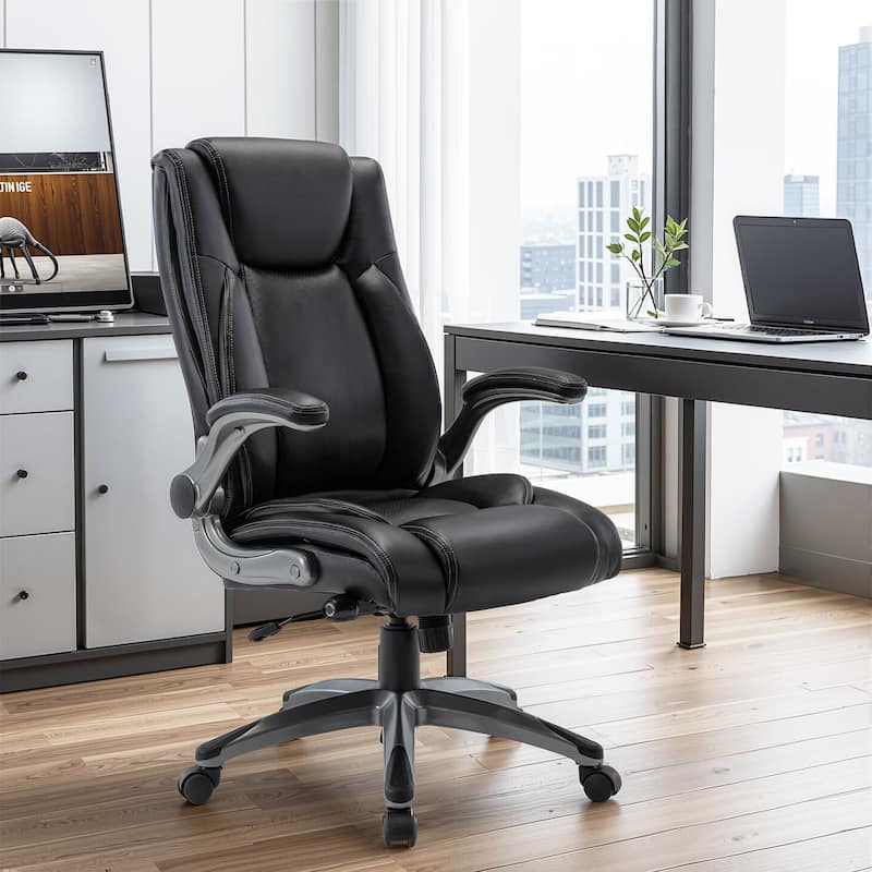 Ergonomic Office Chair, High Back Leather, Adjustable Lumbar, Black - Black
