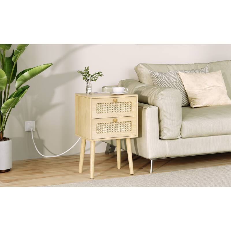 White 2-Drawer Nightstand with USB Charging Ports and Open Shelf