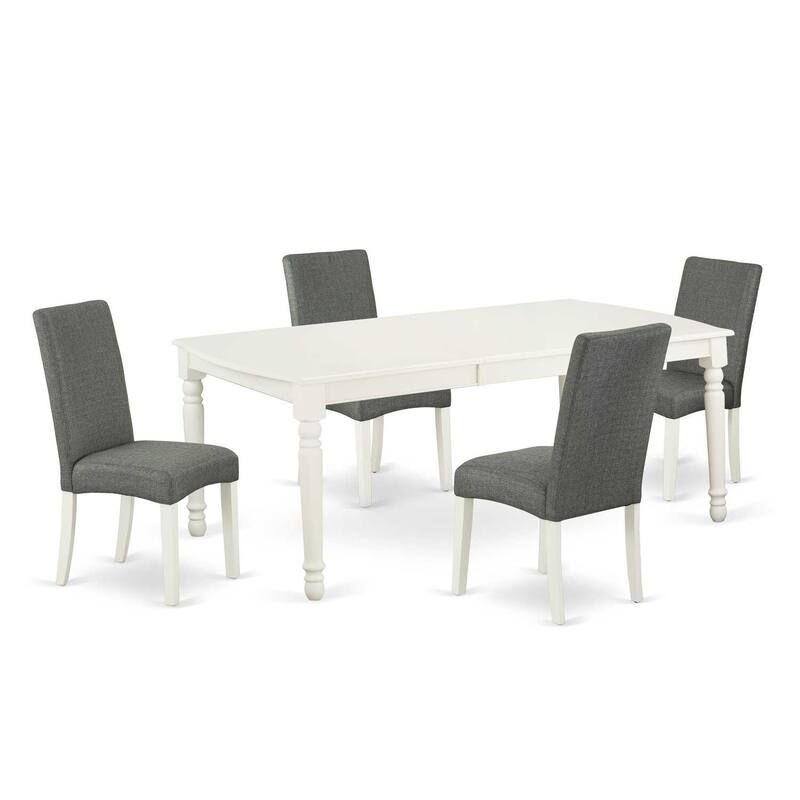 Renaissance Revival Dining Set - 60x78" Table w/ Leaf & 4 Parsons Chairs - Linen White Legs, Gray Fabric