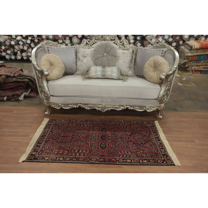 Hand Knotted Oriental 100% Wool Carpet Traditional Floral Pink Sarouk Area Rug - 4' 10'' X 3' 3''
