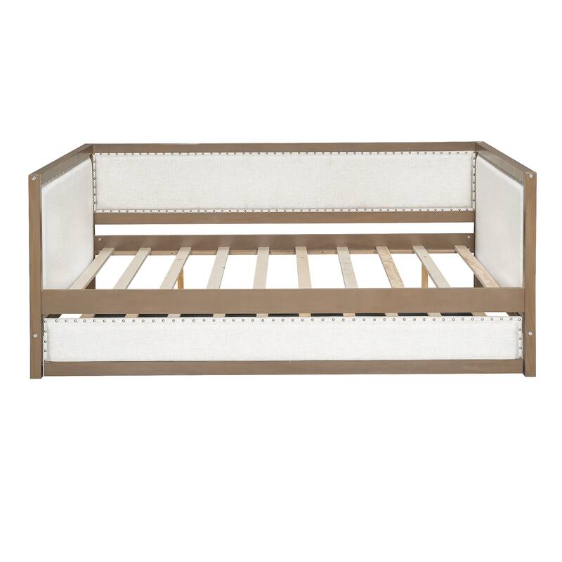 Full Size Linen Daybed with Trundle and Nailhead Decoration