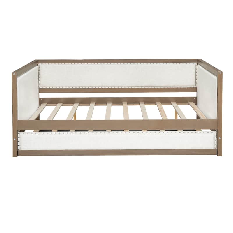 Roomfitters Full Size Upholstered Daybed with Trundle and Nailhead Trim, Beige