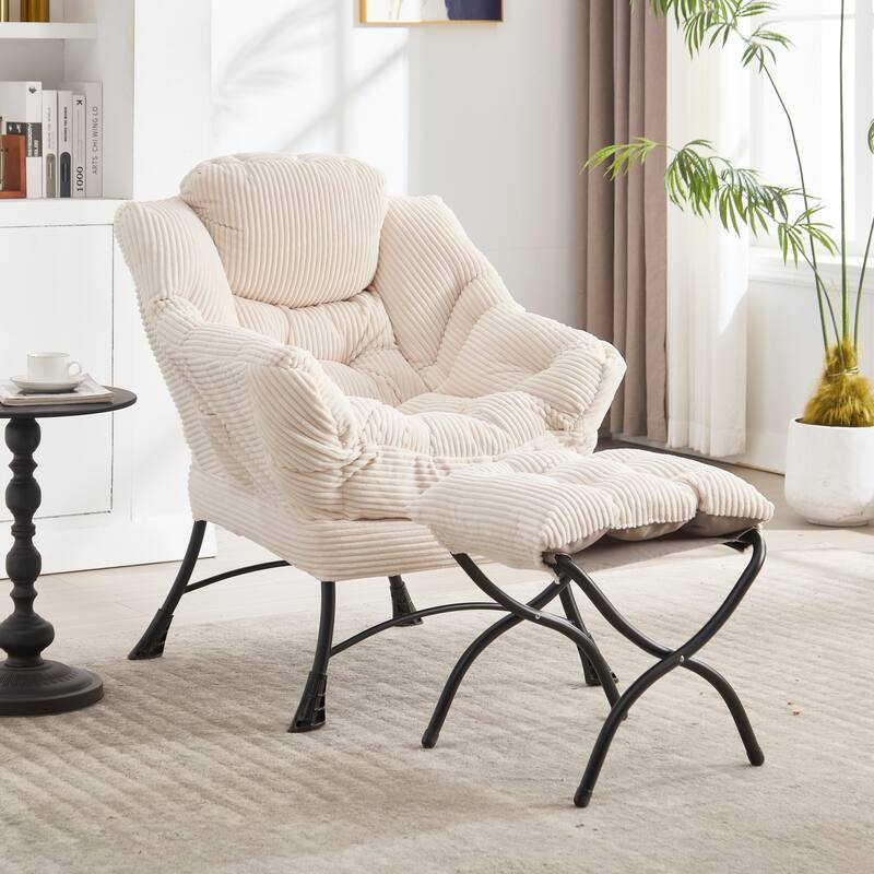 Modern Lounge Chair with Ottoman, Leisure Chair with Footrest for Small Space - Beige