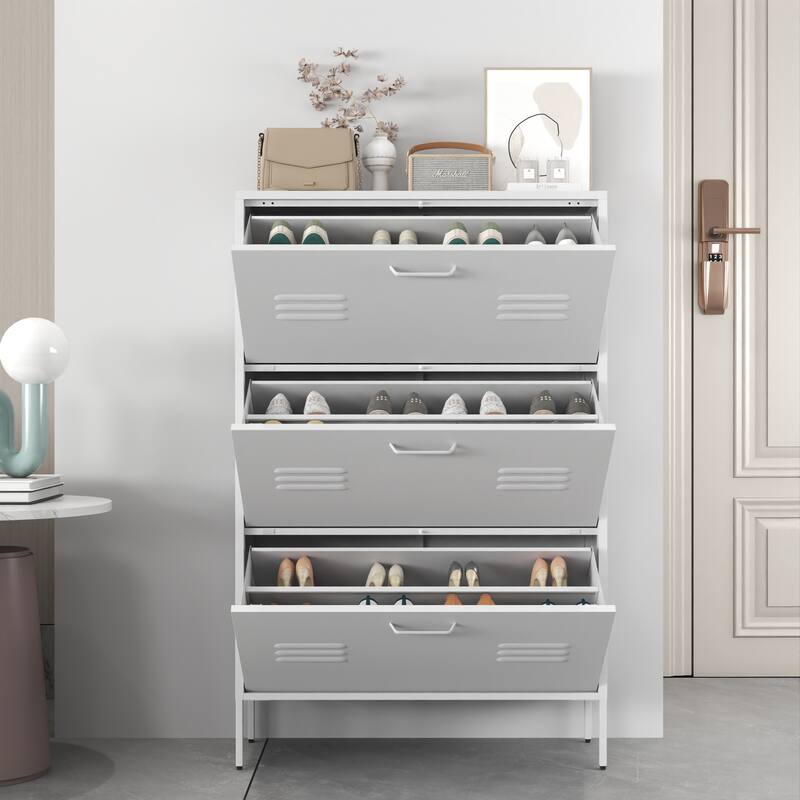 Shoe Storage Cabinet with 3 Flip Drawers, Freestanding Shoe Cabinet Organizer with Metal Frame for Entryway, Hallway, F