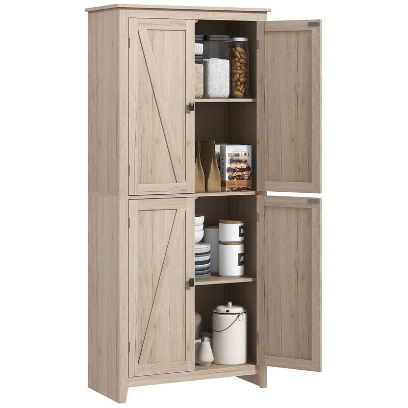 72" Freestanding 4-Door 4 Tiers Kitchen Pantry with Adjustable Shelves - Natural