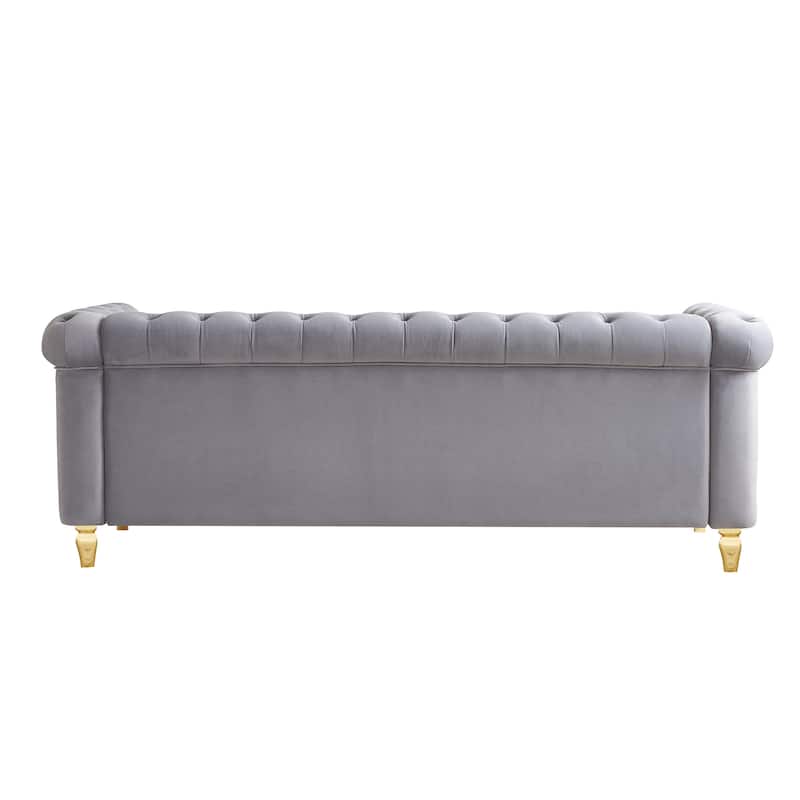 Chesterfield Velvet Sofa 84.65 Inch For Living Room Light Grey Color