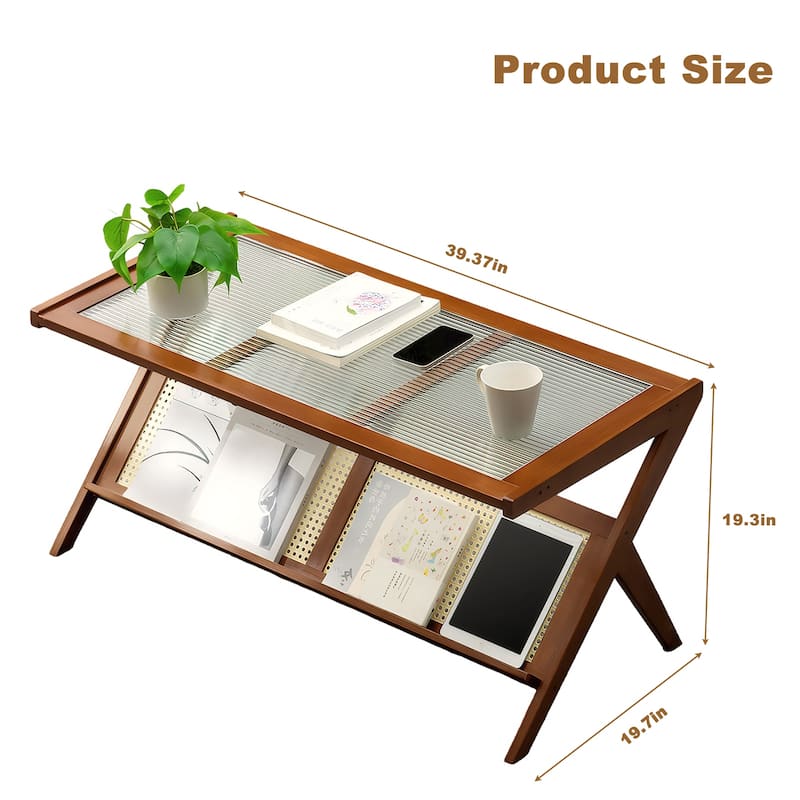 Rattan Coffee Tables for Living Room, Mid Century Modern Coffee Table with Glass Top, Large Boho Center Table with Storage