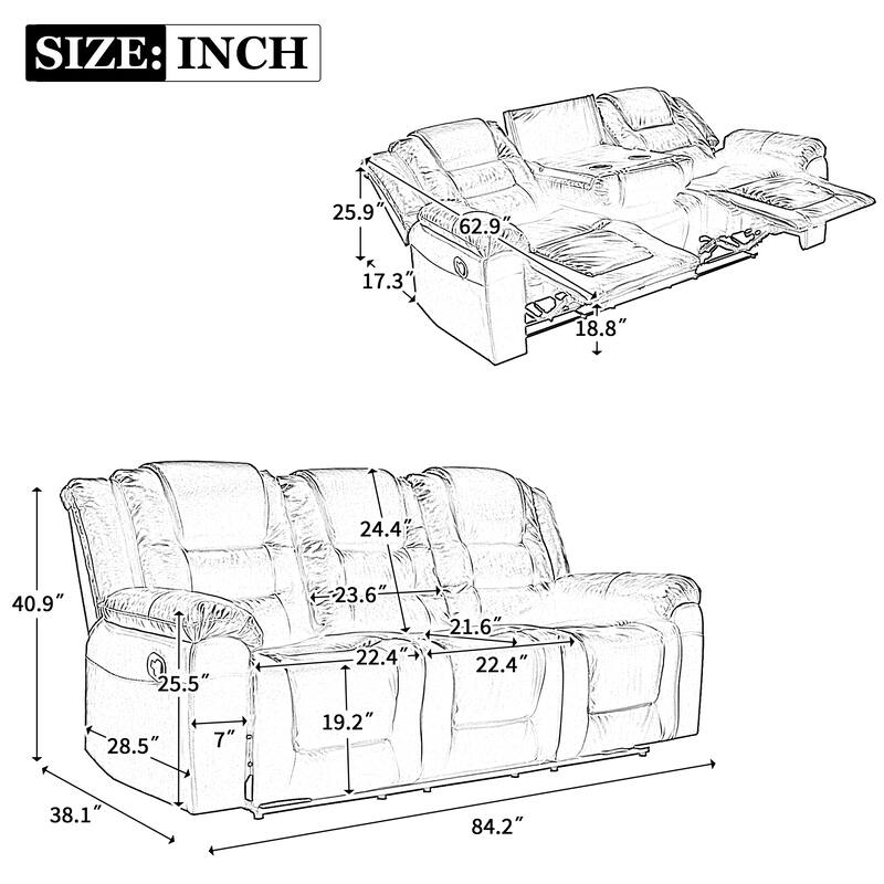 3 Seater Home Theater Recliner Manual Recliner Chair With Two Built-In Cup Holders