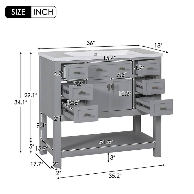 36'' Modern Bathroom Bathroom Vanity with Sink and 6 Drawers，2 Soft Closing Doors