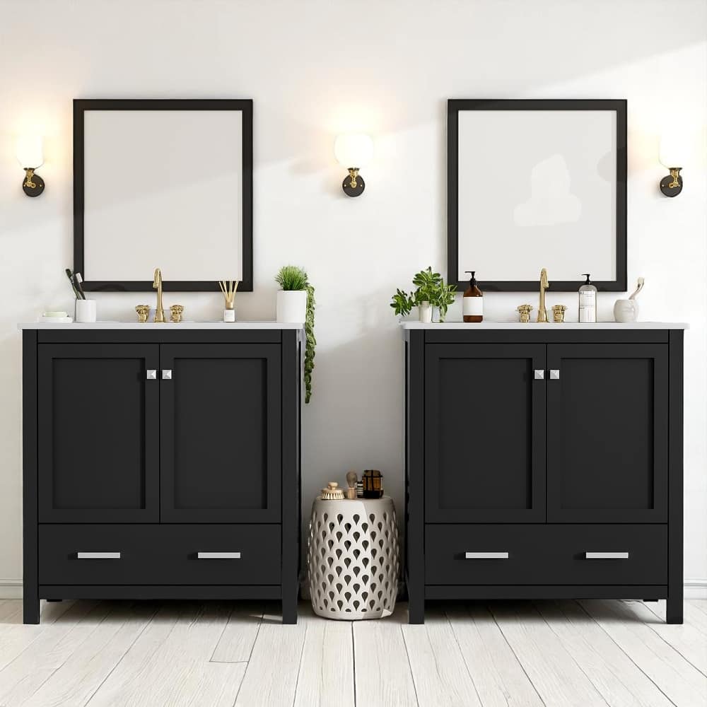 60 Inch Bathroom Vanity with Double Ceramic Sinks, Freestanding Cabinet with Ample Storage and Soft Closing Doors