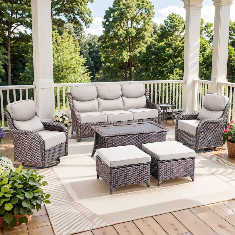 Pocassy Outdoor Patio Furniture Sofa Swivel Chairs Sets - Brown Wicker Beige Cushion - Sofa Swivel Chair with Ottoman Set of 7