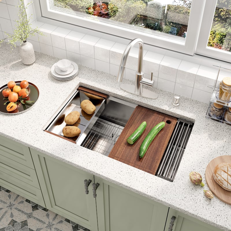 Nano Brushed Stainless Steel Undermount Workstation Kitchen Sink with Touchless Pull-Down Kitchen Faucet and Accessories