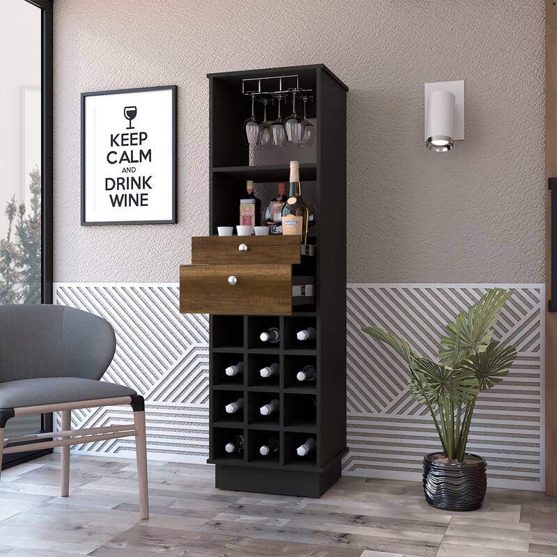 Pierpont 12-Bottle 2-Drawer 1-Shelf Bar Cabinet Black Wengue and Walnut