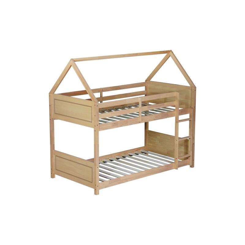 House Shaped Twin Bunk Bed Frame, Rubber Wood Twin over Twin Floor Bunk Bed with Safety Guardrails and Ladder