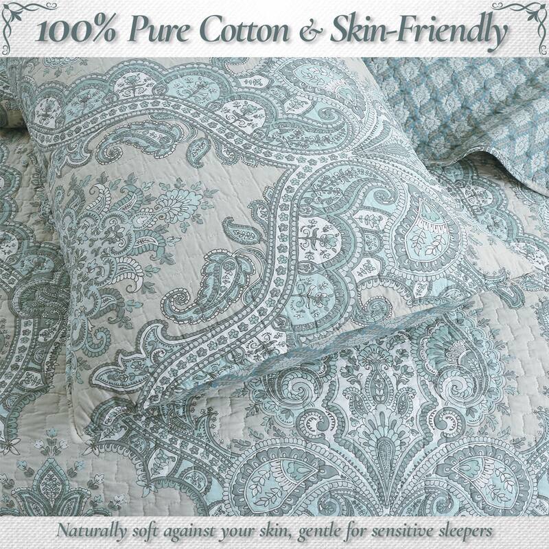 Cozy Line Ornate Paisley Medallion Grey Blue Cotton 3 Piece Queen Quilt Bedding Set