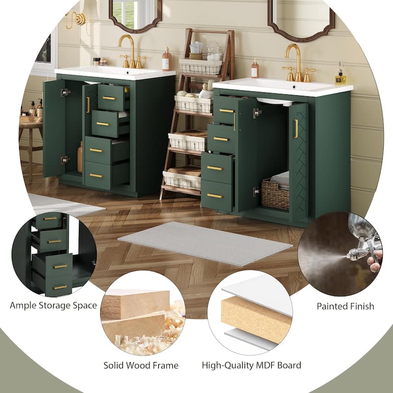 60" Green Bathroom Vanity with Double Ceramic Sink Combo, Solid Wood Frame, 3 Drawers & Soft-Close Doors Freestanding Cabinet