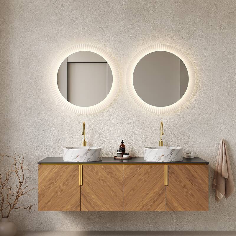 Wall Mounted Bathroom Vanity with Sintered Stone Countertop and Sink - 60" - White with stone patterns/Espresso