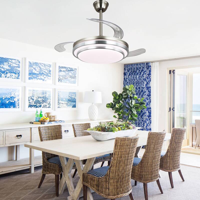 Cusp Barn 42 Inch Retractable Ceiling Fan with Lights, Modern Silent DC Motor 6 Speeds Chandelier Ceiling Fan for Bedroom