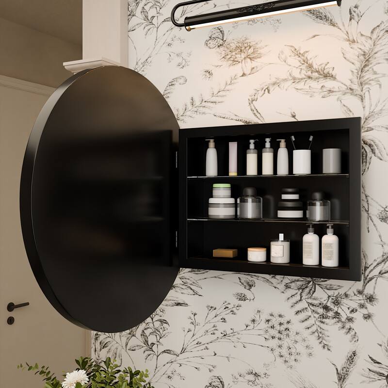 23.6" Round Metal Medicine Cabinet with Mirror & Adjustable Shelves, Black
