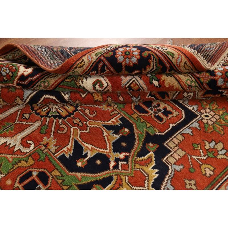 Medallion Heriz Serapi Indian Rug Hand-Knotted Orange Wool Carpet - 8'10"x 11'11"