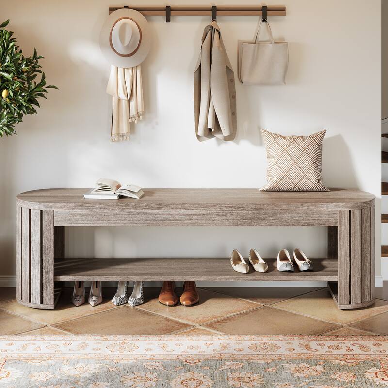 Wooden Entryway Bench, 63" 2-Tier Narrow Shoe Bench