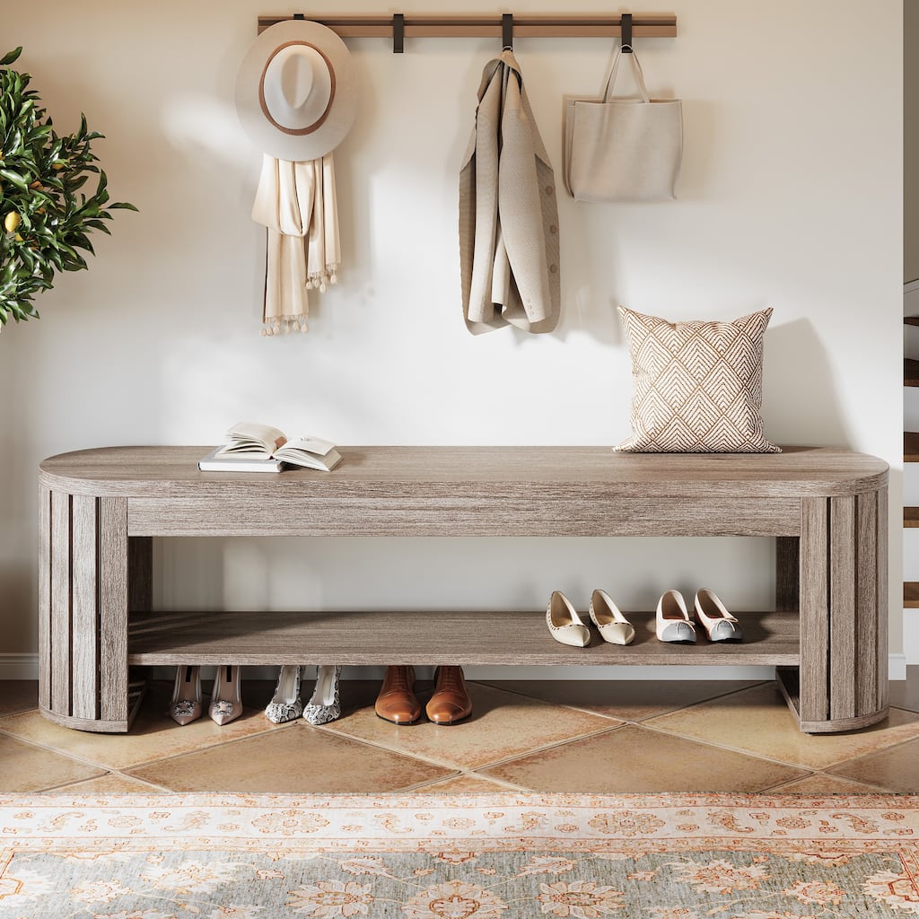 Wooden Entryway Bench, Long 2-Tier Narrow Shoe Bench