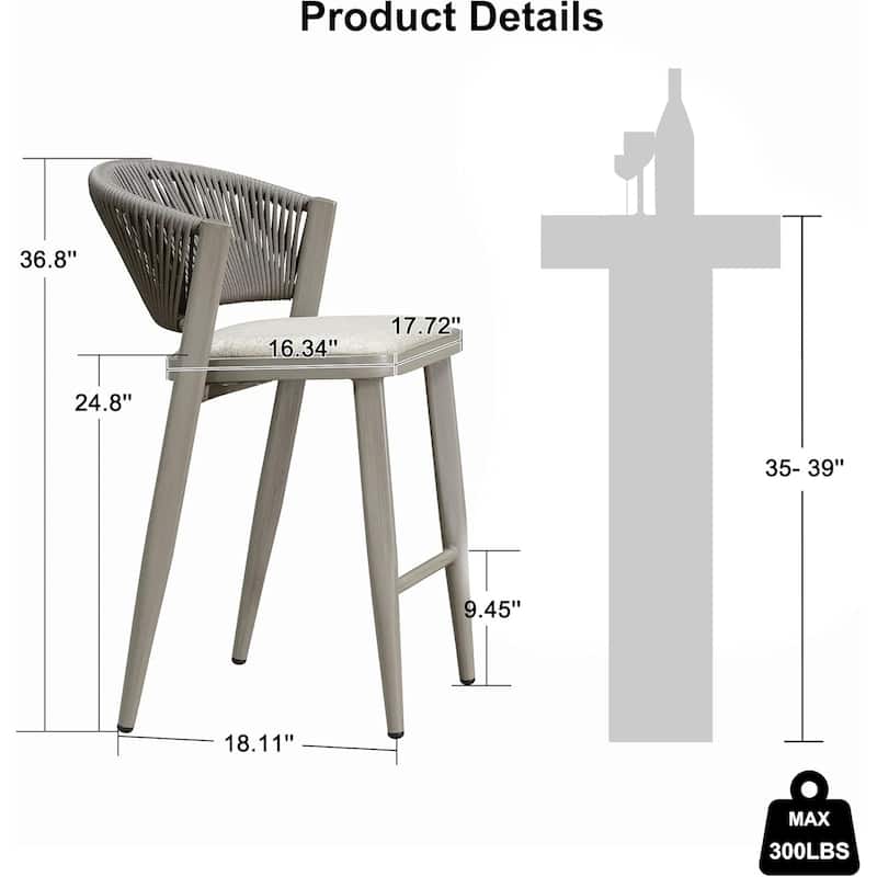 PURPLE LEAF Bar Stool Set of 2 Outdoor Rattan Bar Chair with Back Metal Bar Height Stool Wicker Barstool Dark Grey - N/A
