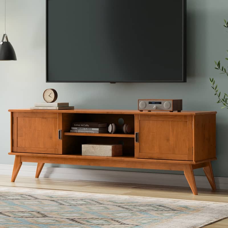 WYNDENHALL Tierney SOLID HARDWOOD 72 inch Wide Modern TV Media Stand in Teak Brown For TVs up to 80 inches