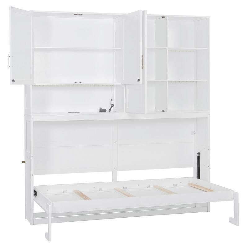 Twin Size Wall Murphy Bed with Top Cabinet, Shelves ,Space Saving Foldable Bed with Light & USB