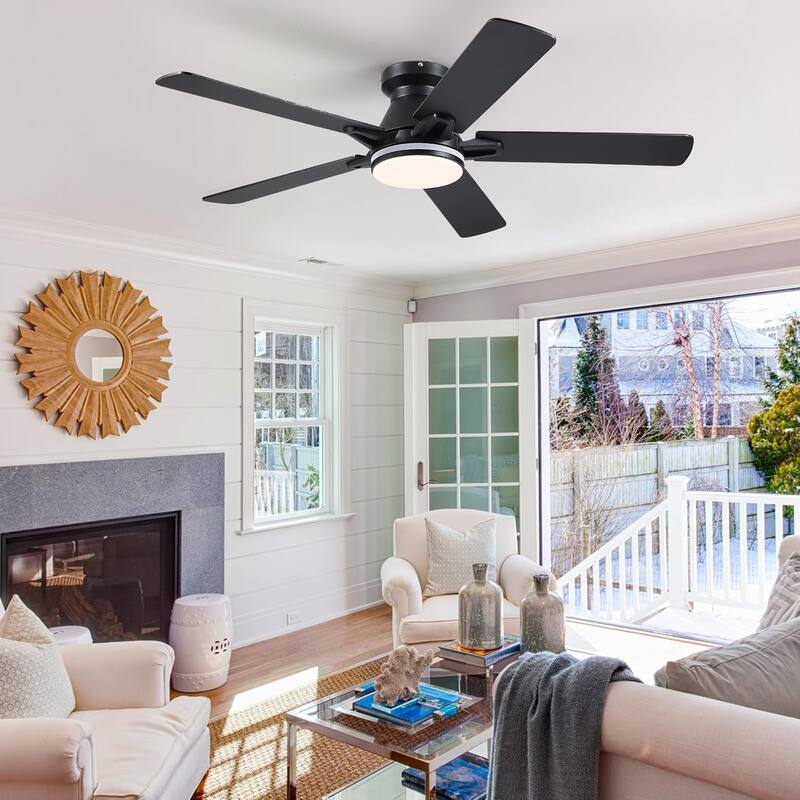 52 Inch Ceiling Fan with Light and Remote,Flush Mount Ceiling Fan,5 Dual Side Blades - 52 Inches