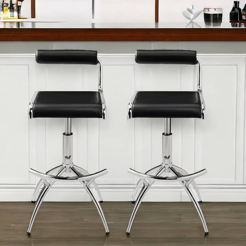 Set of Two Black And Silver Faux Leather And Metal Low Back Adjustable Height Bar Chairs - Black