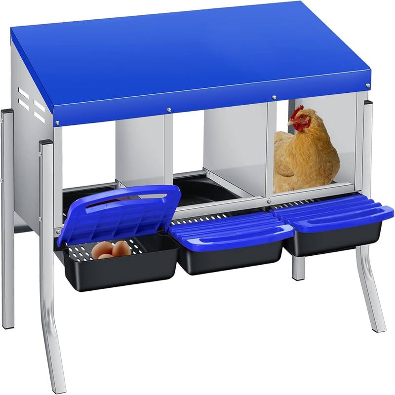 Roll-Away Nesting Boxes for Chickens Coop with Perch - 3 Hole Blue With  Legs