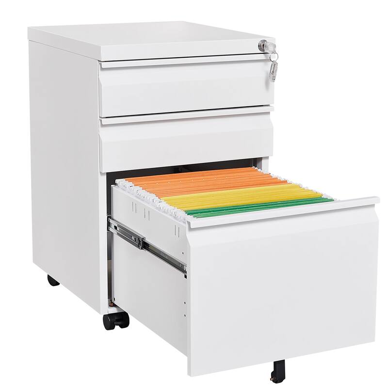 Modern Mobile File Cabinet, Stylish File Cabinet with 3 Drawers, 5 Casters and Lock, for Offices and Studies, White