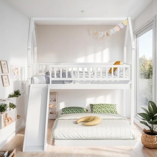 Twin over Full House Bunk Bed with Slide and Built-in Ladder, White