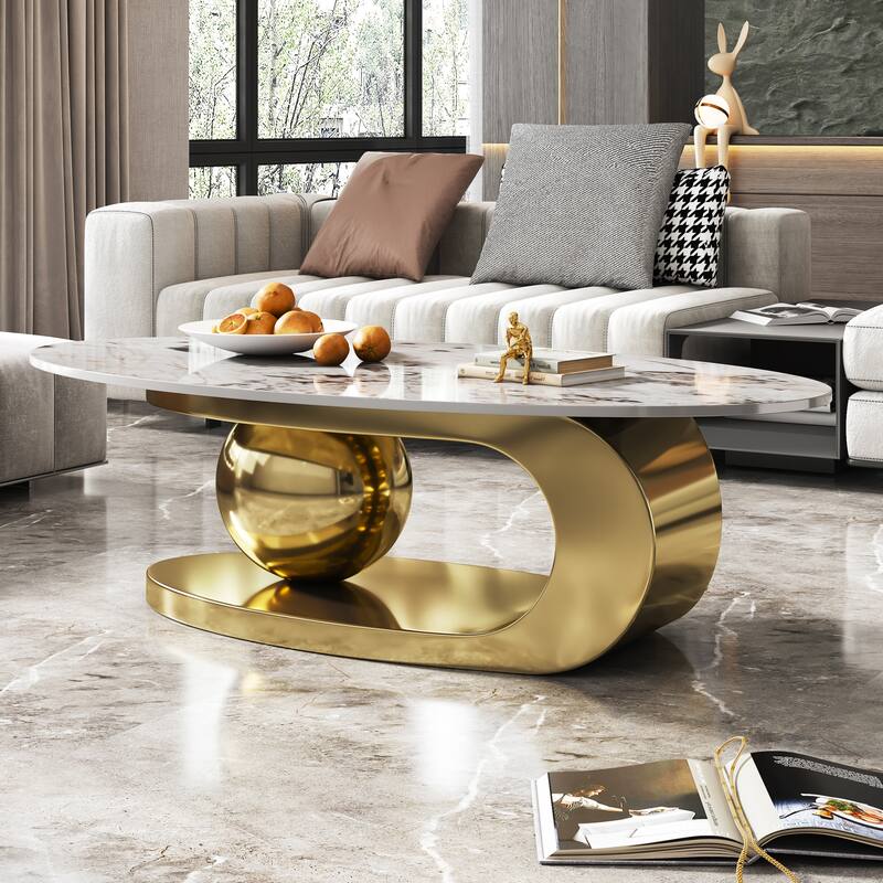 51 Inches Oval Faux Marble Coffee Table for Living Room with Stainless Steel Base
